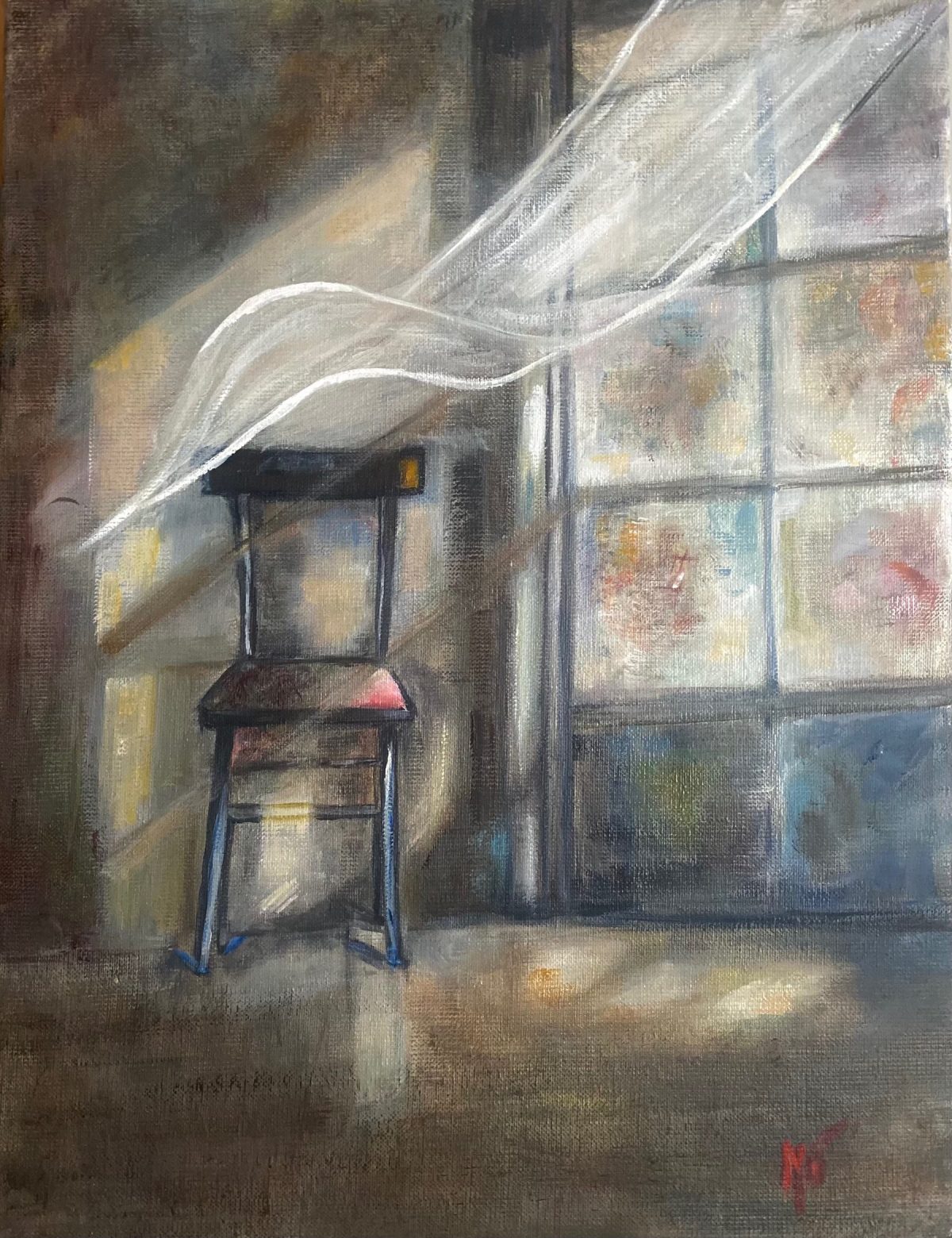 Oil on canvas oil painting Empty chair ina room with the wind blowing through the curtain “Alone again “