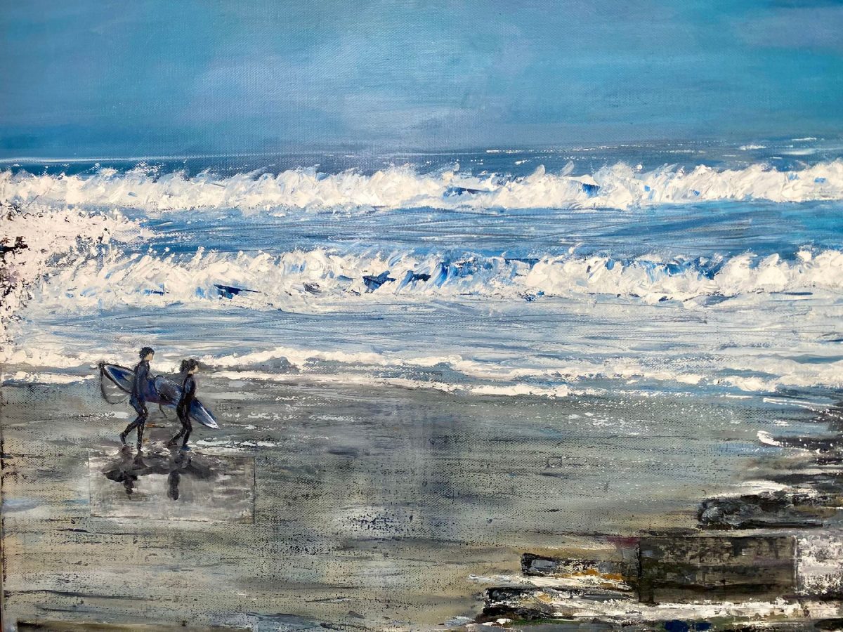 Ocean inspired abstract art , big waves and a blue grey sea with two surfers heading out to catch the perfect wave.