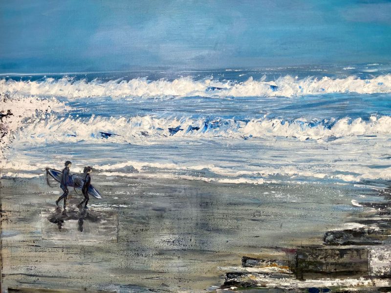 Ocean inspired abstract art , big waves and a blue grey sea with two surfers heading out to catch the perfect wave.